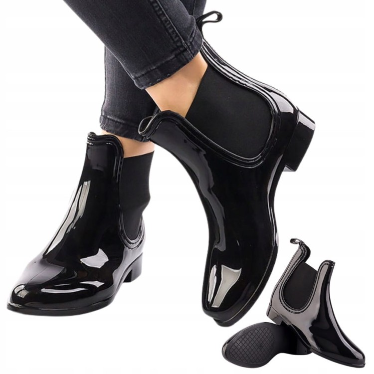 Kalosze damskie krótkie czarne połysk z gumką sztyblety meliski gumowce r38