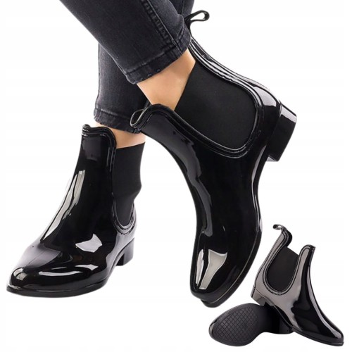 Kalosze damskie krótkie czarne połysk z gumką sztyblety meliski gumowce r37