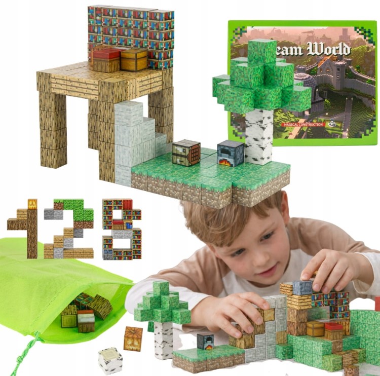 Klocki magnetyczne Minecraft 128szt. konstrukcyjne sześciany + 4 FIGURKI XJB048
